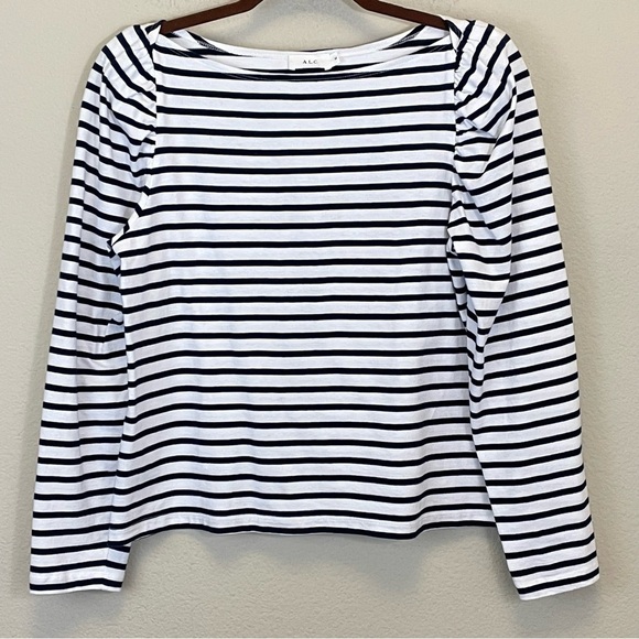 A.L.C Navy Stripes Boat Neck Puff Long Sleeve Blouse Size M - Picture 1 of 6